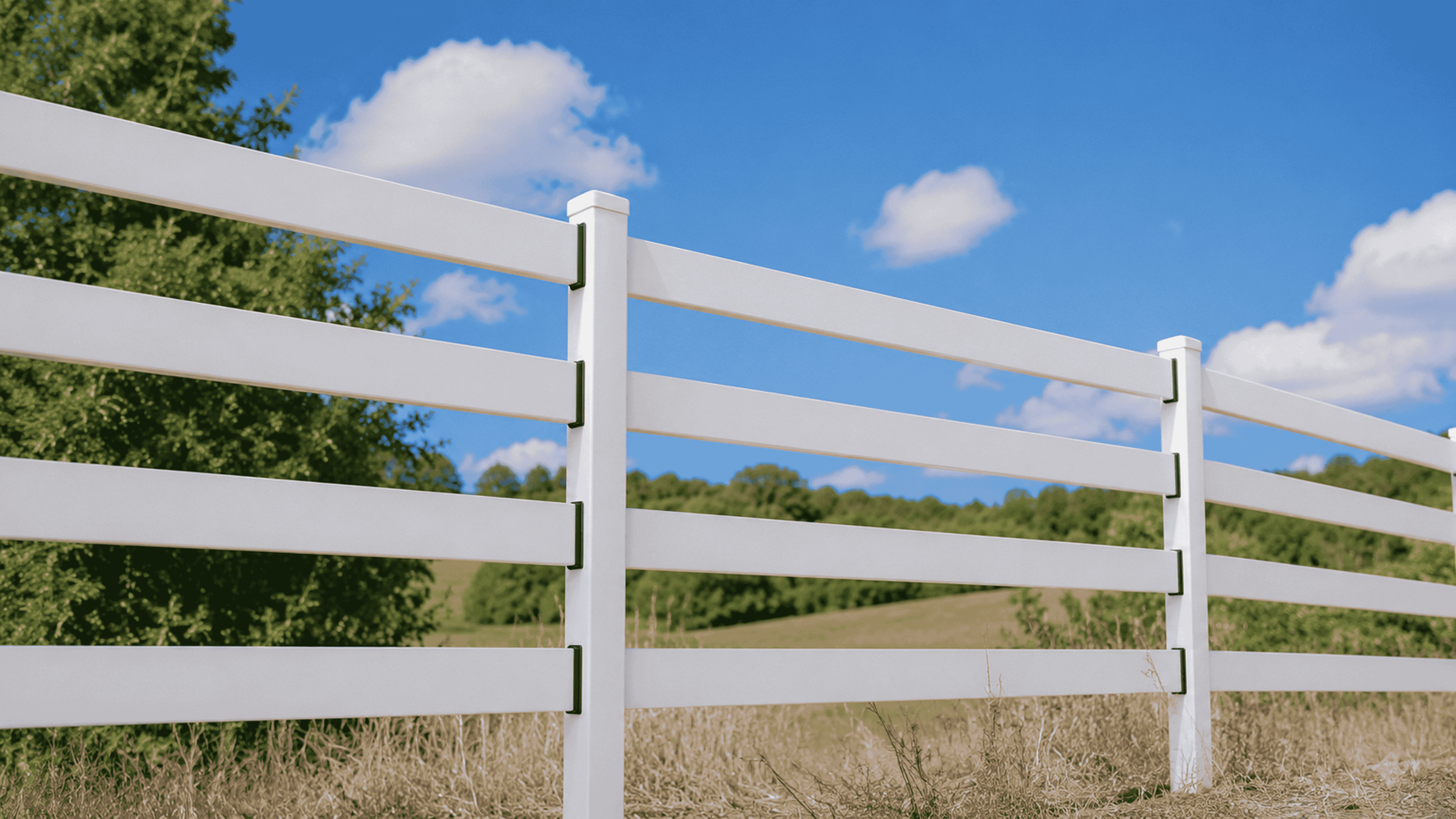 Close-up of a four-rail black Kuptz Steel Fence install against a blue Colorado sky